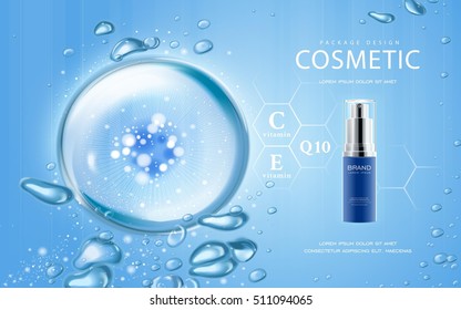 Moisturizing cosmetic ads template, 3D illustration cosmetic mockup with sparkling water drop over blue background