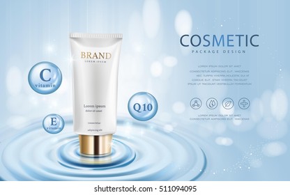 Moisturizing cosmetic ads template, 3D illustration cosmetic mockup upon water and isolated on bokeh background