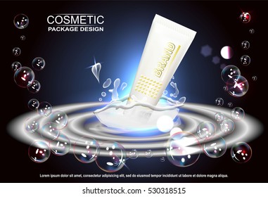 Moisturizing cosmetic ads template, 3D illustration cosmetic mockup upon water and isolated on bokeh background