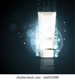 Moisturizing cosmetic ads template. 3D illustration cosmetic mockup on bokeh background. Cream ads, makeup tube template with sparkling effect.