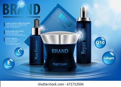 Moisturizing cosmetic ads template, 3D illustration cosmetic product mockup upon water. Cream, spray serum and pure essence realistic glass bottle isolated.