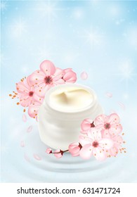 Moisturizing cosmetic ads template. Cream products mockups advertising isolated upon water, nature background against light blue bokeh. 3d illustration. moisture face skin care containers .