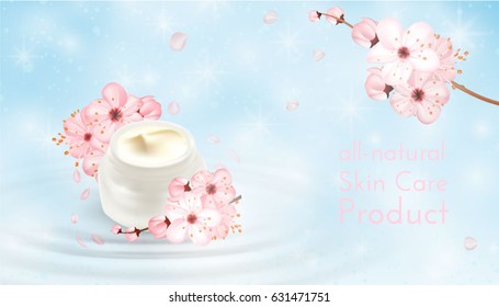Moisturizing cosmetic ads template. Cream products mockups advertising isolated upon water, nature background against light white bokeh. 3d illustration. moisture face skin care containers .