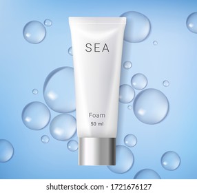 Moisturizing cosmetic ads template. Cosmetic foam with water drops. Premium ads. White bottle isolated on blue background. Realistic 3d style. Vector illustration.