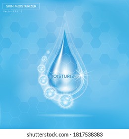 Moisturizing cosmetic ads template, cosmetic mockup with sparkling water drop over blue background. Vector EPS10