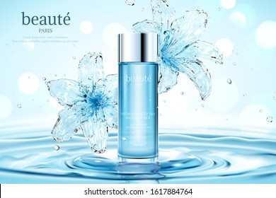 Moisturizing cosmetic ads with transparent water lily on ripples and glitter bokeh background, beauty written in French text