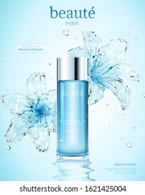 Moisturizing cosmetic ads with transparent water lily on light blue background, beauty and professional written in French text