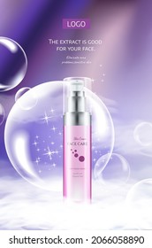 Moisturizing cosmetic luxury ads and bottle skin care light pink and purple background with premium light effect and flower. 3d illustration