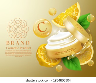 Moisturizing cosmetic product vector banner template. Cosmetics lemon moisturizer cream products in tub container with extract element for skin care ad mock up brochure design. Vector illustration
