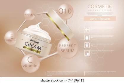 Moisturizing cosmetic products ad, bright background with beautiful containers. Realistic 3d illustration. Premium Cosmetics for body cream ads, bottle with ingredients on the bubbles.