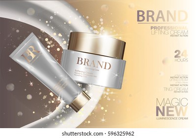 Moisturizing cosmetic products ad, golden background with beautiful containers. 3d illustration.