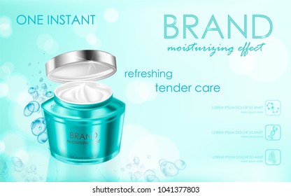 Moisturizing cosmetic products ad, light blue bokeh background with beautiful package containers, watery texture and sparkles elements.. Vector realistic illustration 3d.