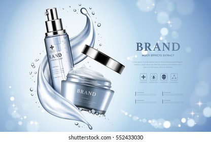 Moisturizing cosmetic products ad, light blue bokeh background with beautiful containers and watery texture in 3d illustration