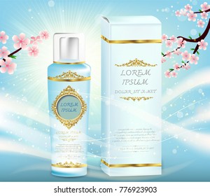 Moisturizing cosmetic products ad, light blue bokeh background with beautiful containers and watery texture in 3d illustration