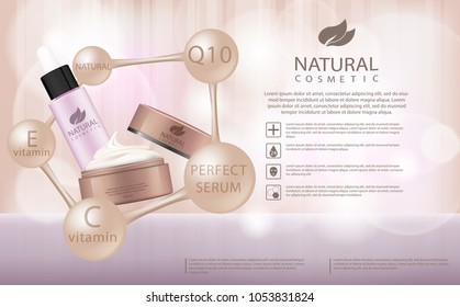 Moisturizing cosmetic products ad, llight beige bokeh background with beautiful containers 3d illustration. Cosmetic cream containers and tubes for cream, lotion, shampoo, balsam, spray