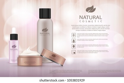 Moisturizing cosmetic products ad, llight beige bokeh background with beautiful containers 3d illustration. Cosmetic cream containers and tubes for cream, lotion, shampoo, balsam, conditioner, spray