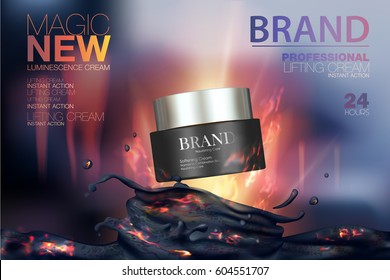 Moisturizing cosmetic products ads. Vector promo sample with clay mask in 3d design illustration. Background with a volcano and fire.