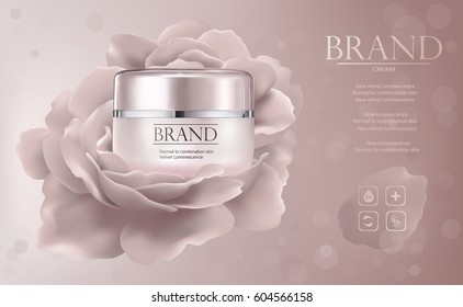 Moisturizing cosmetic products ads, Vector promo sample with creme jar and rose flower in 3d illustration.