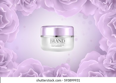 Moisturizing cosmetic products ad,vector promo sample with creme jar and flower 3d illustration 
