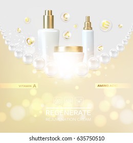 Moisturizing cosmetic products, light gray background with beautiful containers and luxury pearl necklace. Beauty skin care set.