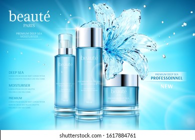 Moisturizing cosmetic set ads with transparent water lily on glittering blue background, beauty and professional written in French text