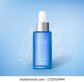 Plantilla de anuncios cosméticos hidratantes. Frasco de esencia sérica azul con hojas dibujadas a mano blanca. Anuncios Premium. Frasco aislado de fondo azul. Estilo 3D realista. Ilustración vectorial.