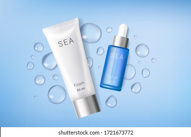 Plantilla de anuncios cosméticos hidratantes. Espuma estética y suero con gotas de agua. Anuncios Premium. Botellas blancas y azules aisladas en fondo azul. Estilo 3D realista. Ilustración vectorial.