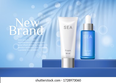 Moisturizing cosmetics ads template. Cosmetic cream and essence. White and blue bottles isolated on blue background with palm leaves shadow and glitter bokeh elements. Realistic 3d style. Vector