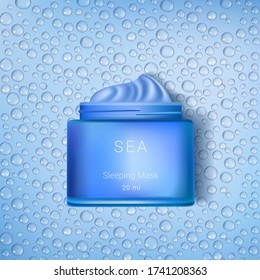 Moisturizing cosmetics ads template. Cosmetic face mask, cream box with water drops background. Ads premium template. Blue bottle isolated on blue background. Realistic 3d style. Vector illustration.
