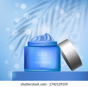 Moisturizing cosmetics ads template. Face mask or cream. Blue bottle isolated on blue background with palm leaves shadow and glitter bokeh elements. Realistic 3d style. Vector illustration.