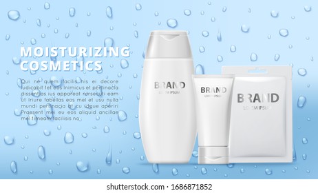 Moisturizing cosmetics. Cream tubes, mask patch and realistic water drops. Vector body and face care banner template