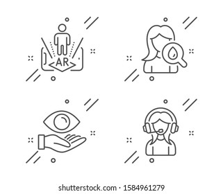 Moisturizing cream, Augmented reality and Health eye line icons set. Support sign. Face lotion, Phone simulation, Optometry. Call center. People set. Line moisturizing cream outline icon. Vector