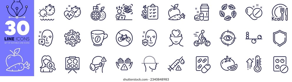 Moisturizing cream, Balance and Cardio training line icons pack. Orange juice, Coronavirus, Capsule pill web icon. Apple carrot, Medical pills, Face scanning pictogram. Tomato, Diet menu. Vector