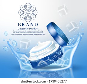 Moisturizing cream cosmetics product vector banner template. Moisturizer cooling cream cosmetic products in tub element for beauty skin care brand mock up advertisement design. Vector illustration