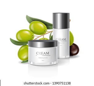 Moisturizing cream jar with milk body lotion with olive oil. Isolated cosmetic package