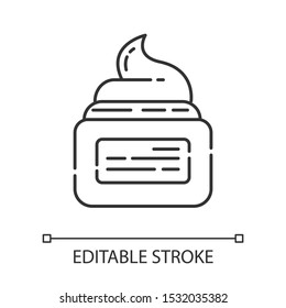 Moisturizing cream linear icon. Waxing, depilation aftercare product in jar. Body lotion, natural skin care. Thin line illustration. Contour symbol. Vector isolated outline drawing. Editable stroke