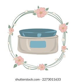 Moisturizing cream in luxury jar. Vector illustration in floral wreath