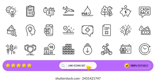 Moisturizing cream, Scroll down and Fireworks rocket line icons for web app. Pack of Petrol station, Flight mode, Shields pictogram icons. Medical chat, Christmas calendar. Search bar. Vector