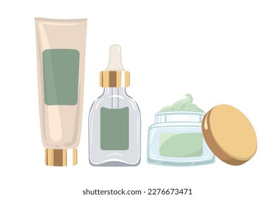 Moisturizing cream, serum with dropper in transparent glass bottle and Nourishing green face cream. Vector illustration