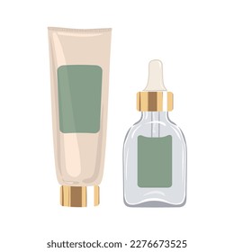 Moisturizing cream and serum with dropper in transparent glass bottle. Vector illustration