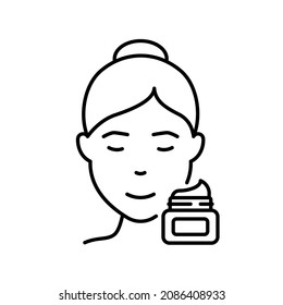 Moisturizing Cream for Skin Line Icon. Woman Use Daily or Night Cream, Gel, Foam, Mousse or Soap Linear Icon. Sunscreen, Sun Block Cream Outline Icon. Editable Stroke. Isolated Vector Illustration.