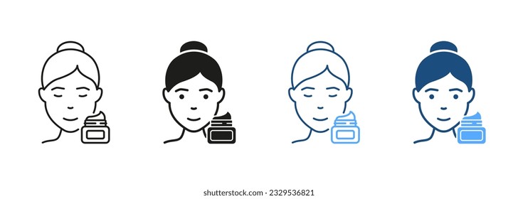 Moisturizing Cream for Skin Line and Silhouette Icon Set. Use Sunscreen Symbol Collection. Woman Use Daily or Night Cream, Gel, Foam, Mousse or Soap Pictogram. Isolated Vector Illustration.