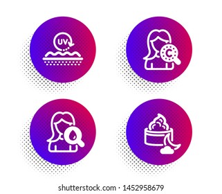 Moisturizing cream, Uv protection and Collagen skin icons simple set. Halftone dots button. Night cream sign. Face lotion, Skin care. Beauty set. Classic flat moisturizing cream icon. Vector