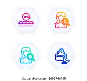 Moisturizing cream, Uv protection and Collagen skin icons simple set. Button with halftone dots. Night cream sign. Face lotion, Skin care. Beauty set. Gradient flat moisturizing cream icon. Vector