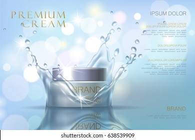 Moisturizing effect cosmetic ad template. Aqua water splash drop 3d detailed realistic vector illustration. Promoting banner blue marketing background art