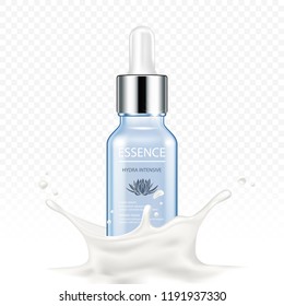 Moisturizing essence ads poster template. Cosmetics product. Cosmetic packaging mockup design. Essence bottle with cream crown splash. Vector illustration.