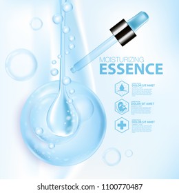 Moisturizing Essence cosmetic products ad, light blue bokeh background with beautiful containers vector illustration