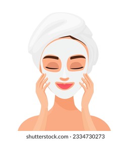 Moisturizing face care mask. Beauty woman skin care treatment vector cartoon illustration