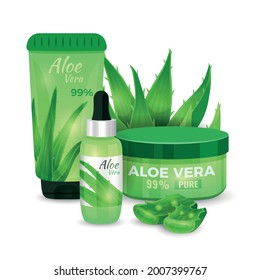 Moisturizing face cream, serum, body lotion with aloe vera extract. Vector illustration in flat cartoon style, isolated on white background