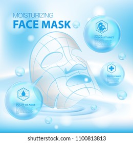 Moisturizing Face Mask cosmetic products ad, light blue bokeh background with beautiful containers vector illustration